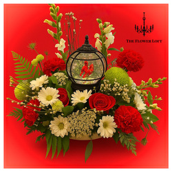 Cardinal Swirl Lantern With Flowers From The Flower Loft, your florist in Wilmington, IL